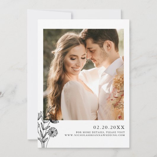 Moderne minimalistische zwart wit bloemenbruiloft  kaart (Achterkant)