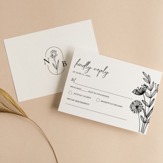 Moderne minimalistische zwart wit bloemenbruiloft RSVP kaartje