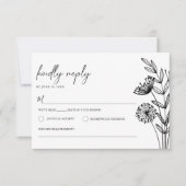 Moderne minimalistische zwart wit bloemenbruiloft RSVP kaartje (Voorkant)