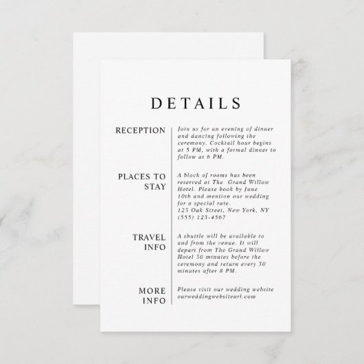 Moderne minimalistische zwart-wit bruiloft details informatiekaartje (Voorkant / Achterkant)