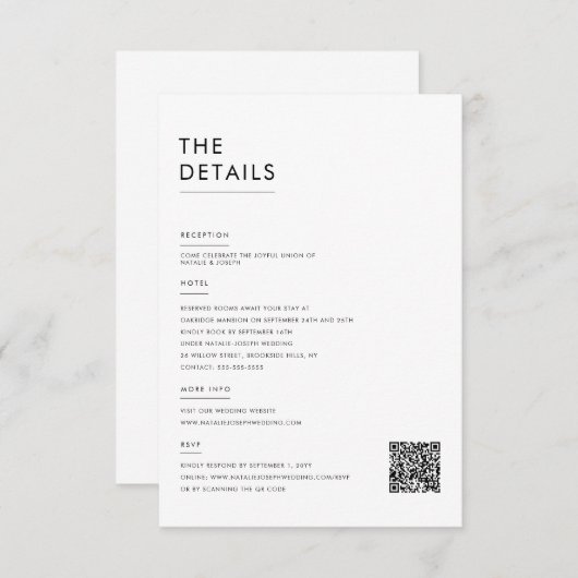 Moderne minimalistische zwart-wit bruiloft details informatiekaartje (Voorkant / Achterkant)