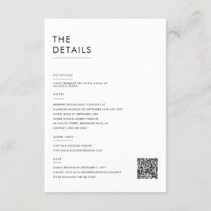 Moderne minimalistische zwart-wit bruiloft details informatiekaartje