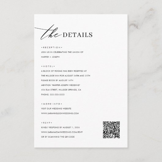 Moderne minimalistische zwart-wit bruiloft details informatiekaartje (Voorkant)