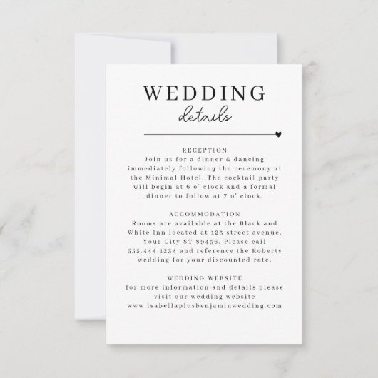 Moderne minimalistische zwart wit bruiloft details kaart (Voorkant)