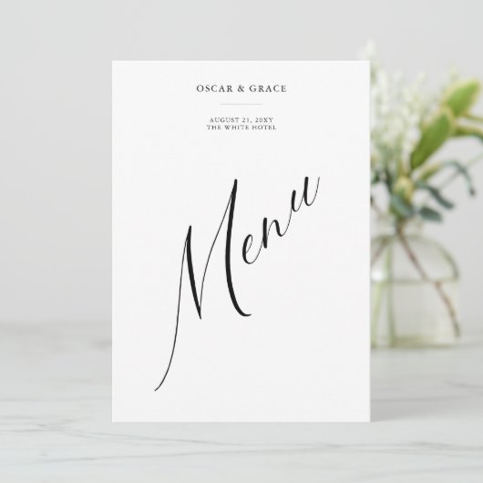 Moderne minimalistische zwart-wit bruiloft Menu (Staand voorkant)