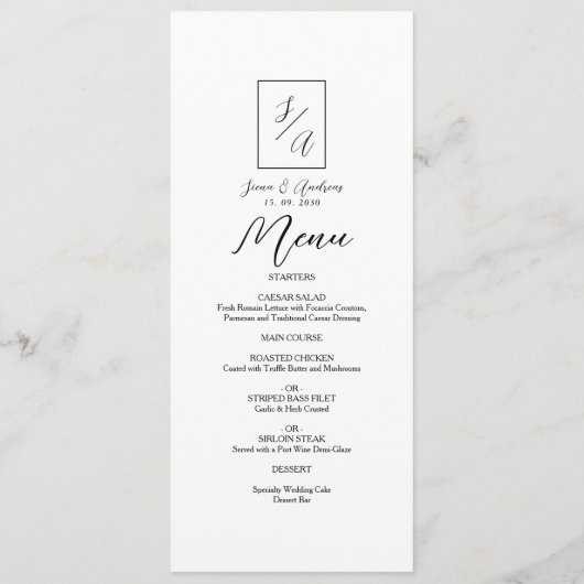 Moderne minimalistische zwart-wit bruiloft Menu (Achterkant)