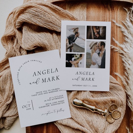 Moderne minimalistische zwart-wit bruiloft met fot kaart