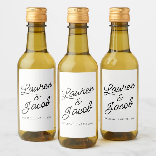 Moderne minimalistische zwart wit bruiloft mini wijn etiket (Flessen)