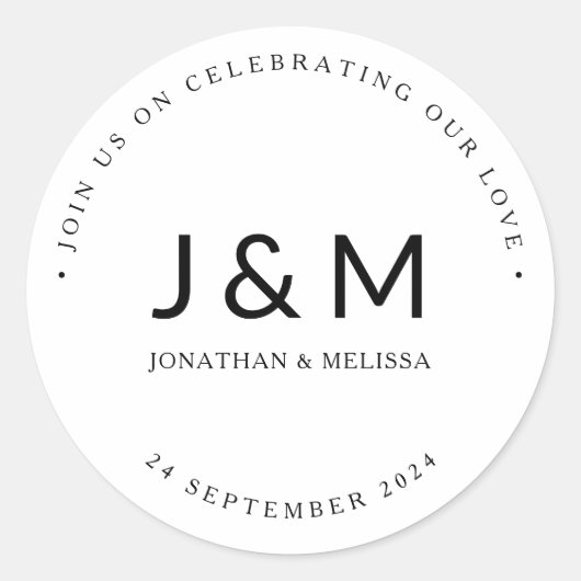 Moderne minimalistische zwart-wit bruiloft monogra ronde sticker (Voorkant)