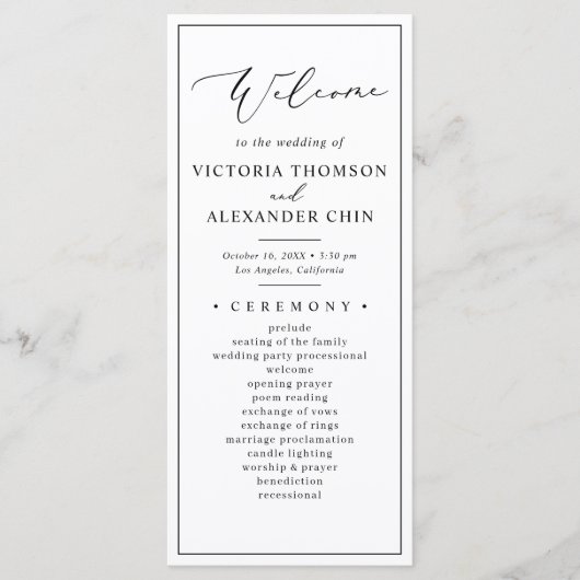 Moderne minimalistische zwart wit bruiloft program programmakaart (Voorkant)