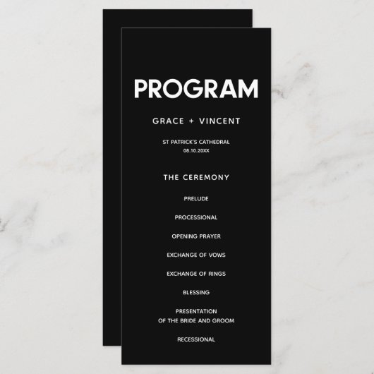Moderne minimalistische zwart-wit bruiloft programmakaart (Voorkant / Achterkant)
