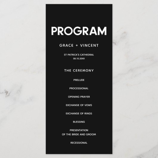 Moderne minimalistische zwart-wit bruiloft programmakaart (Voorkant)