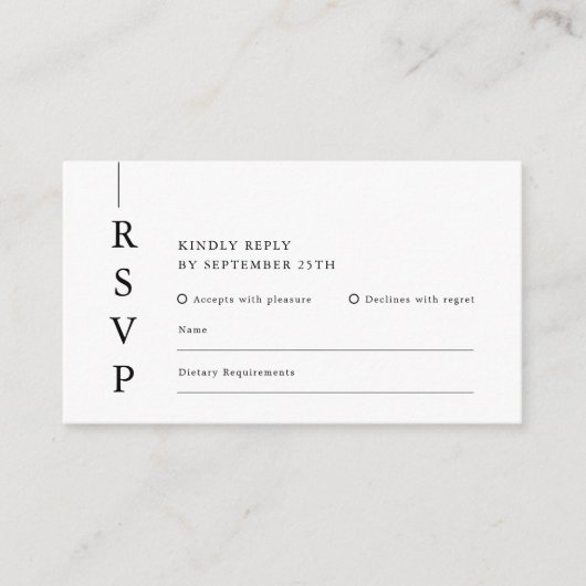Moderne minimalistische zwart wit bruiloft RSVP Informatiekaartje (Voorkant)