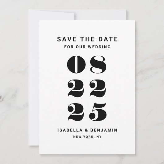 Moderne minimalistische zwart-wit bruiloft save the date (Voorkant)