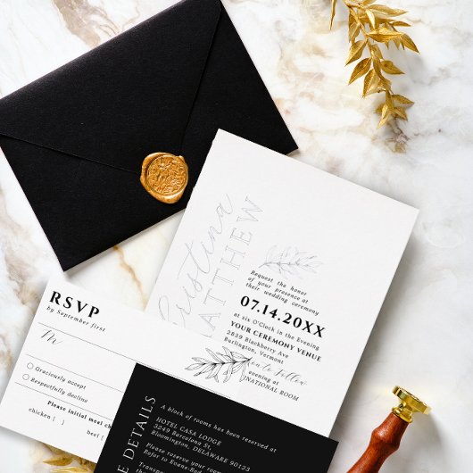 Moderne minimalistische zwart-wit bruiloft zilver folie uitnodiging