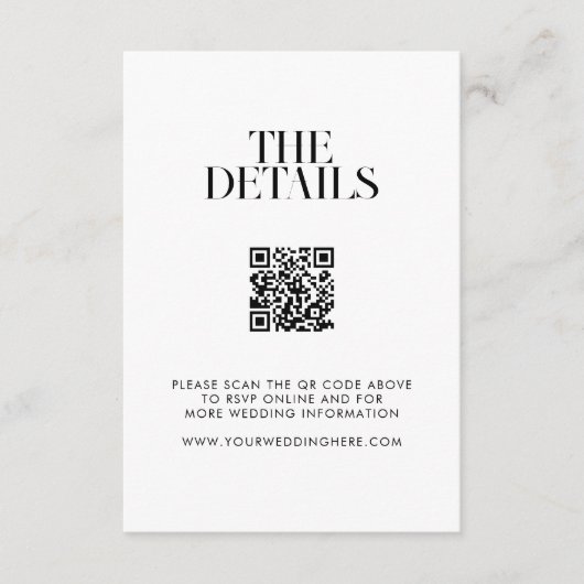 Moderne minimalistische zwart-wit chique bruiloft informatiekaartje (Voorkant)