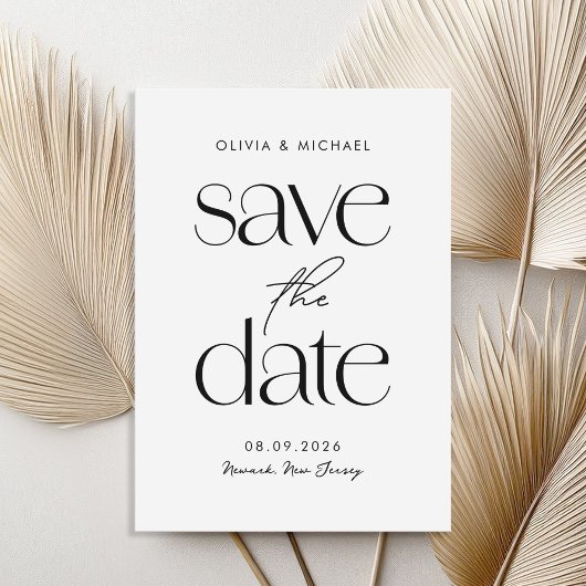 Moderne minimalistische zwart-wit chique bruiloft save the date