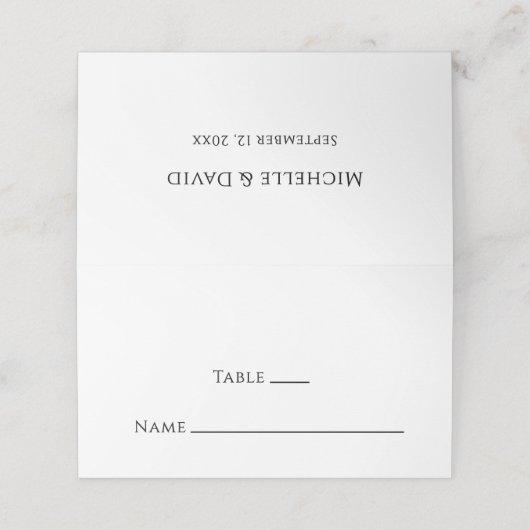 Moderne minimalistische zwart wit elegante bruilof plaatskaartje (Buitenkant ongevouwen)