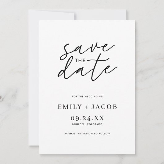 Moderne minimalistische zwart-wit foto bruiloft save the date (Voorkant)