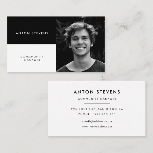 Moderne minimalistische zwart-wit foto visitekaartje (Voorkant / Achterkant)