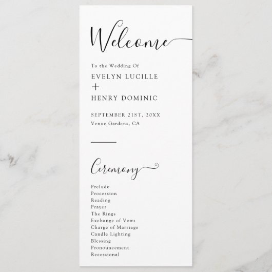 Moderne minimalistische zwart-wit huwelijksceremon programmakaart (Voorkant)