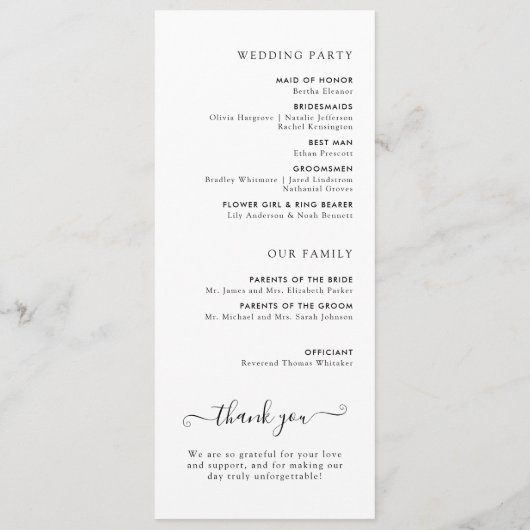 Moderne minimalistische zwart-wit huwelijksceremon programmakaart (Achterkant)