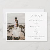 Moderne minimalistische zwart/wit kalligrafie foto save the date (Voorkant)