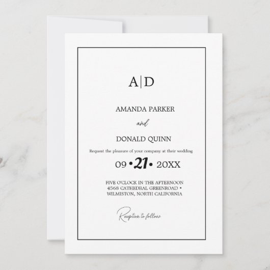 Moderne minimalistische zwart-wit monogram bruilof kaart (Voorkant)