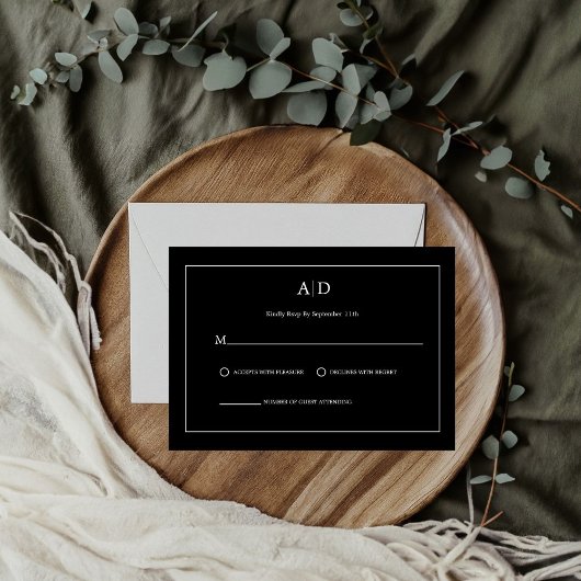 Moderne minimalistische zwart-wit Monogram bruilof RSVP Kaartje