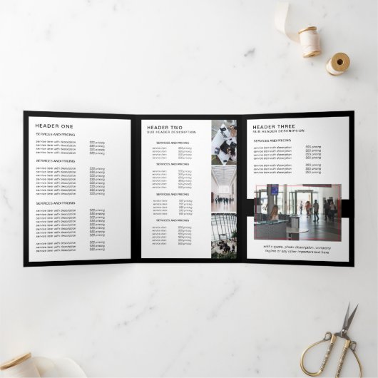 Moderne Minimalistische Zwart & Wit Prijsbrochure Drieluik Kaart (Binnen)