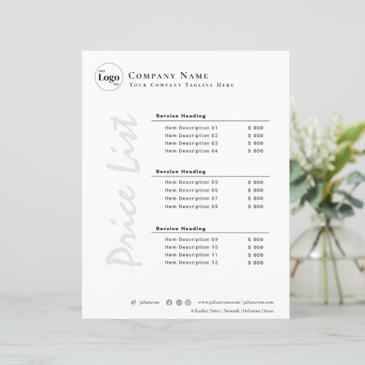 Moderne minimalistische zwart-wit prijslijst (Staand voorkant)