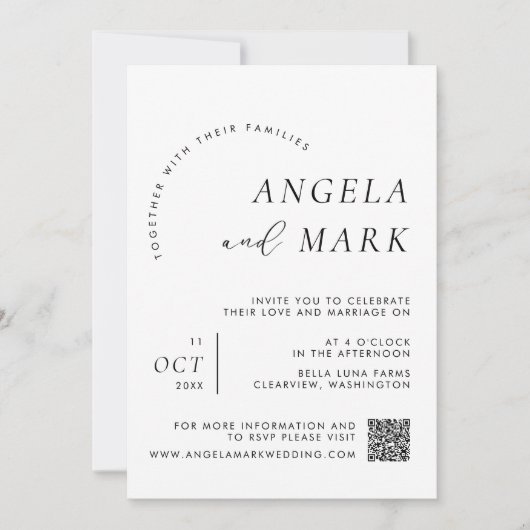 Moderne minimalistische zwart-wit QR code bruiloft Kaart (Voorkant)