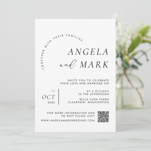 Moderne minimalistische zwart-wit QR code bruiloft Kaart (Staand voorkant)
