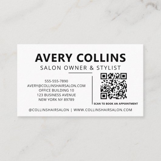 Moderne Minimalistische Zwart-Wit Salon QR-code Visitekaartje (Voorkant)