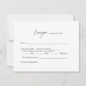 Moderne minimalistische zwart-wit script bruiloft RSVP kaartje (Voorkant)