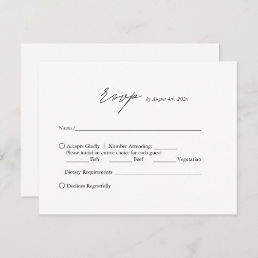 Moderne minimalistische zwart-wit script bruiloft RSVP kaartje (Voorkant / Achterkant)