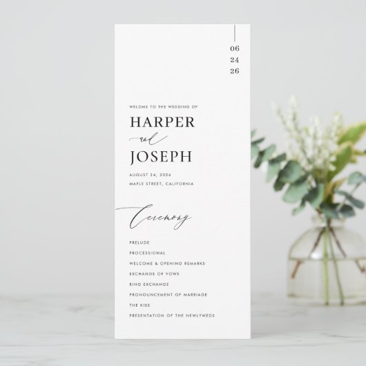 Moderne minimalistische zwart-wit unieke bruiloft programmakaart (Staand voorkant)