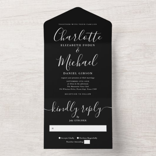 Moderne, minimalistische zwart-witscriptweduwen all in one uitnodiging (Binnen)