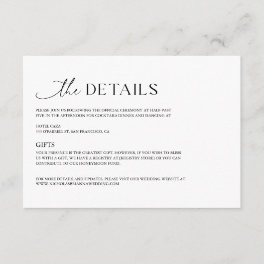 Moderne minimalistische zwart witte boho bruiloft informatiekaartje (Voorkant)