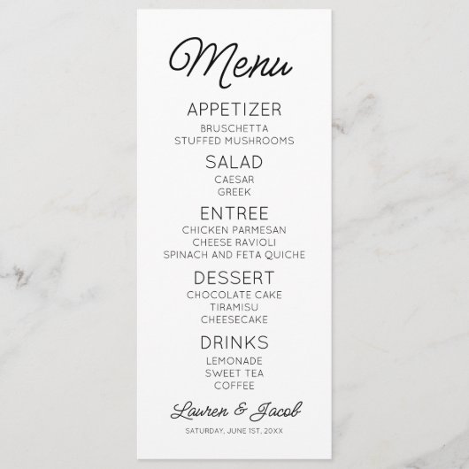 Moderne minimalistische zwart-witte bruiloft menu (Voorkant)