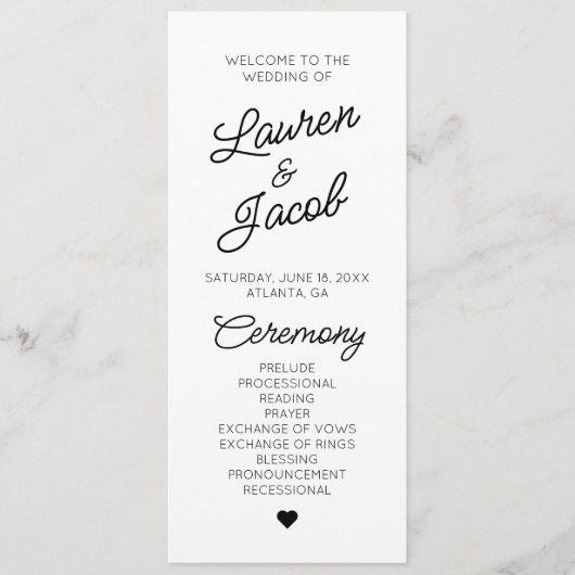 Moderne minimalistische zwart-witte bruiloft programmakaart (Voorkant)