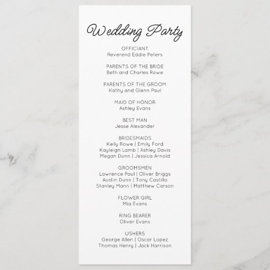 Moderne minimalistische zwart-witte bruiloft programmakaart (Achterkant)