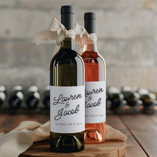 Moderne minimalistische zwart-witte bruiloft wijn etiket