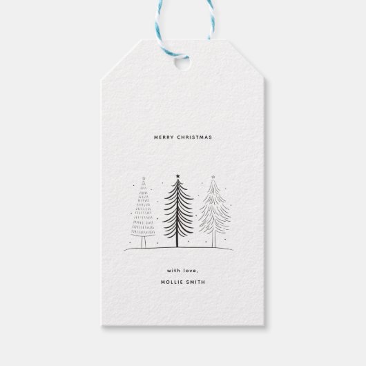 Moderne minimalistische zwart-witte kerstboom cadeaulabel (Voorkant)