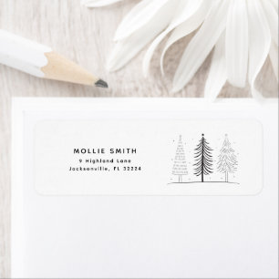 Moderne minimalistische zwart-witte kerstboom etiket