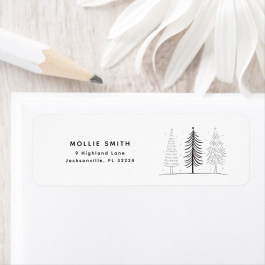 Moderne minimalistische zwart-witte kerstboom etiket (Insitu)