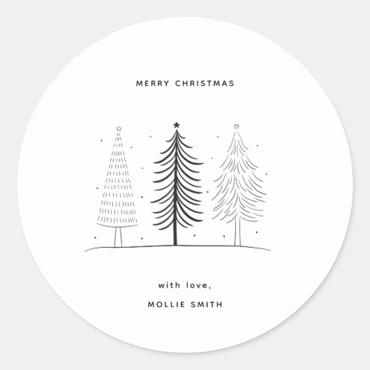 Moderne minimalistische zwart-witte kerstboom ronde sticker (Voorkant)