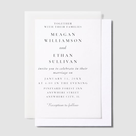 Moderne minimalistische zwart-witte zomerbruiloft vellum uitnodigingen (Offset)