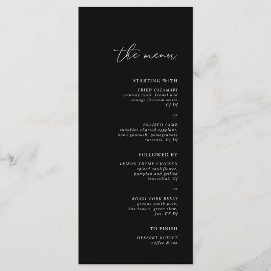 Moderne minimalistische zwarte bruiloft menu (Voorkant)