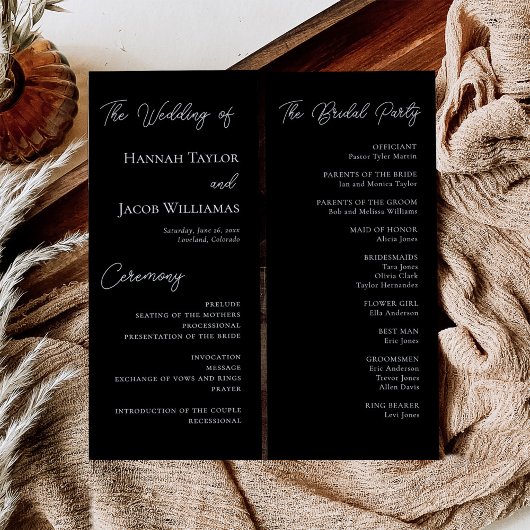 Moderne minimalistische zwarte bruiloft programmakaart